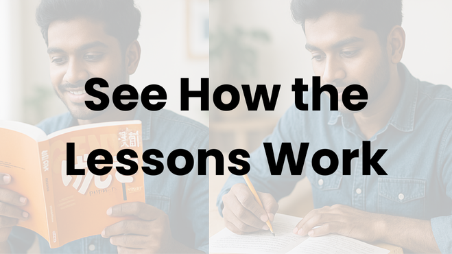 An Indian male student studying Japanese with a textbook and taking notes. The image includes the text 'See How the Lessons Work'.