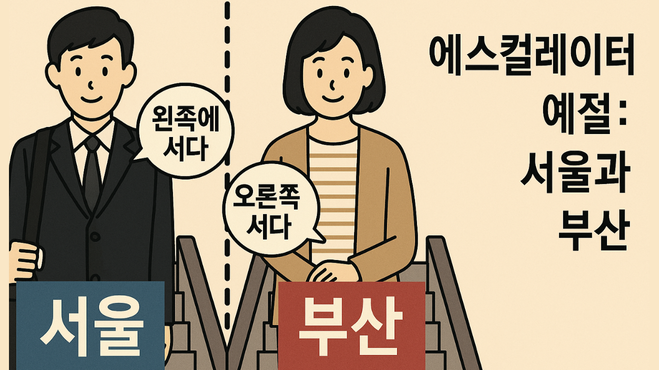 "서울과 부산의 에스컬레이터 예절 차이를 보여주는 인포그래픽. 서울에서는 남성이 왼쪽에 서 있고, 부산에서는 여성이 오른쪽에 서 있다. 말풍선에는 '왼쪽에 서다', '오른쪽에 서다'라고 쓰여 있다."