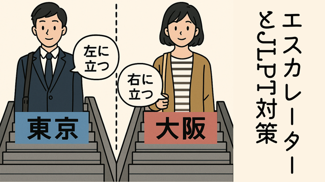 「東京ではエスカレーターの左側に立ち、大阪では右側に立つというマナーの違いを示すイラスト。左に立つ東京の男性と右に立つ大阪の女性が描かれている。」