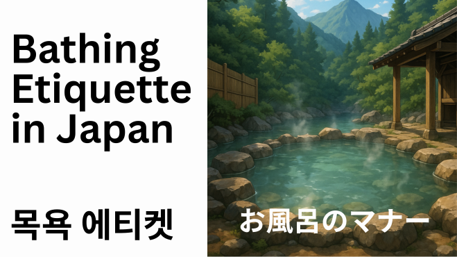 山奥の露天風呂と「Bathing Etiquette in Japan」「목욕 에티켓」「お風呂のマナー」という3か国語の文字が並ぶ、アニメ風の入浴マナー紹介イメージ
