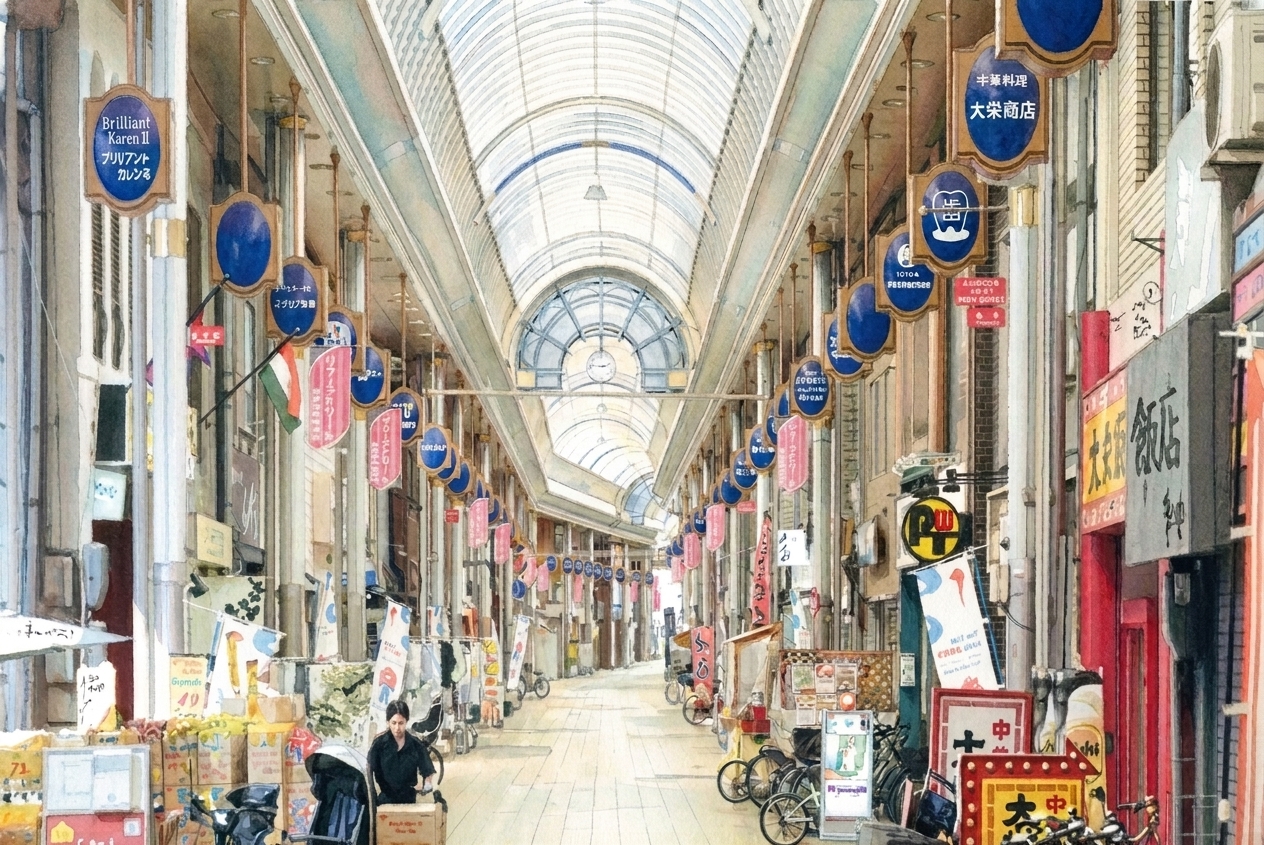 京橋の商店街、丸い看板が並ぶ通り