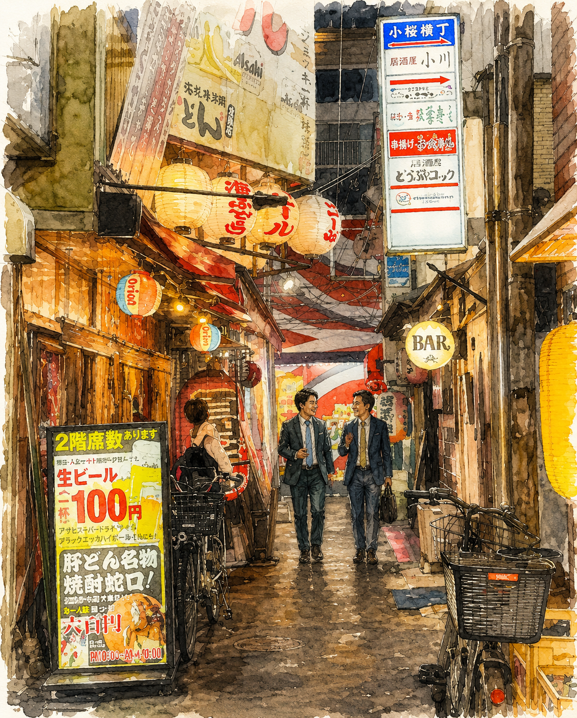 京橋の横丁を歩く人たち
